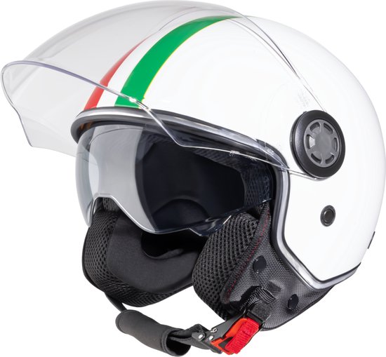 VINZ Varese Jethelm met dubbel vizier / Scooterhelm / Helm met Italiaanse vlag / Snorfiets Helm Snorscooter - Wit