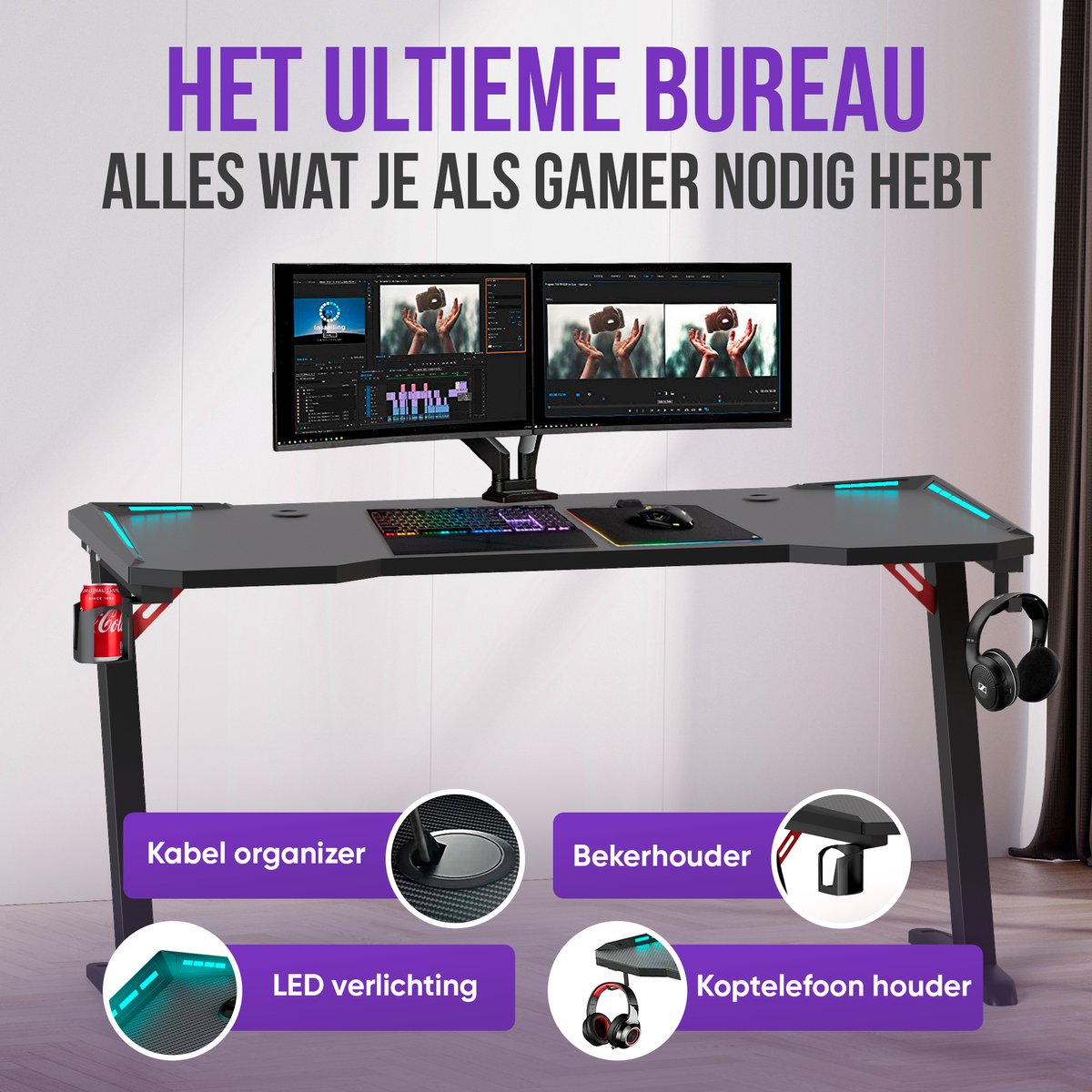 Avalo Gaming Bureau - Game Desk Met LED Verlichting - Gaming Desk - Tafel - Zwart