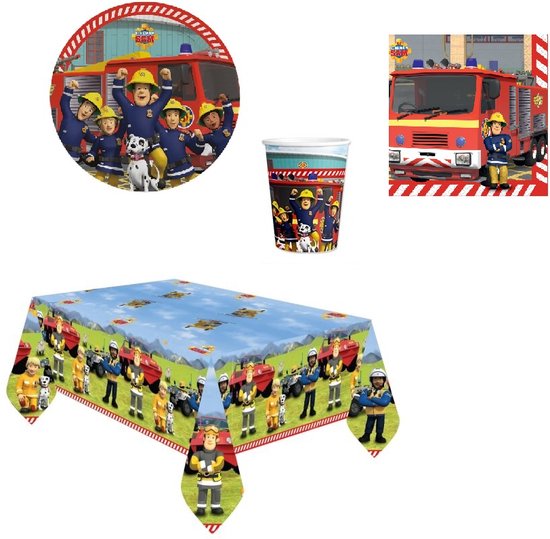 RNHDLY Brandweerdecoratie, kinderverjaardag, brandweerdecoratie, feestserviesset met banner, servetten, papieren borden, tafelkleed, taartdecoratie