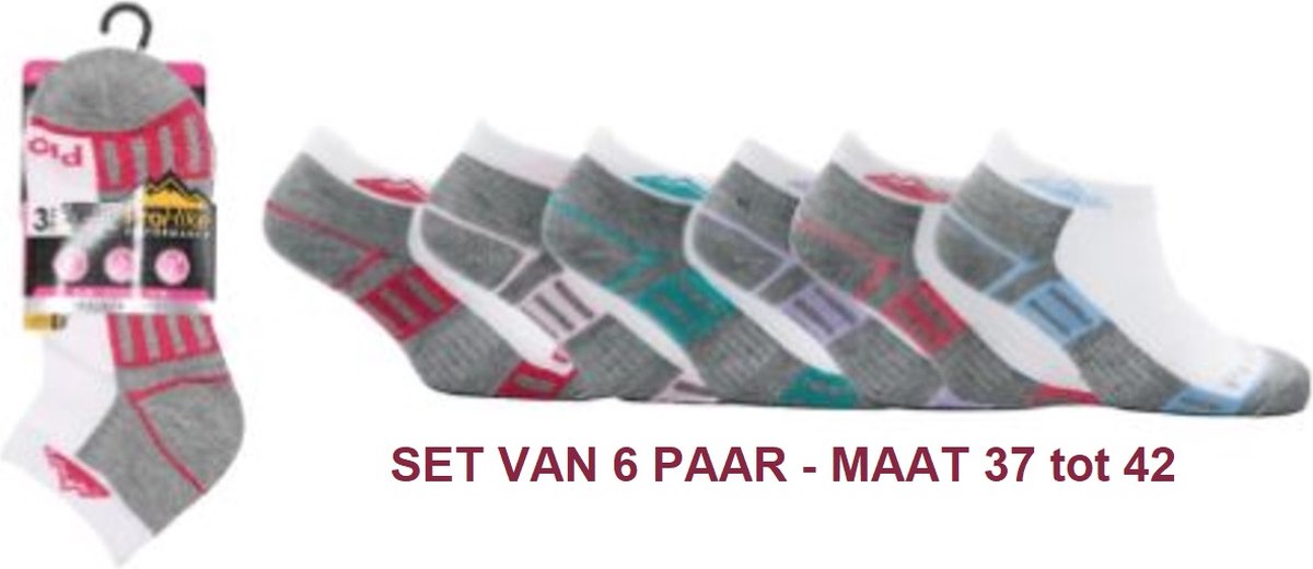 Sneaker sokken Pro Hike - set van 6 paar - wit/grijs met gekleurde details - maat 37 / 42
