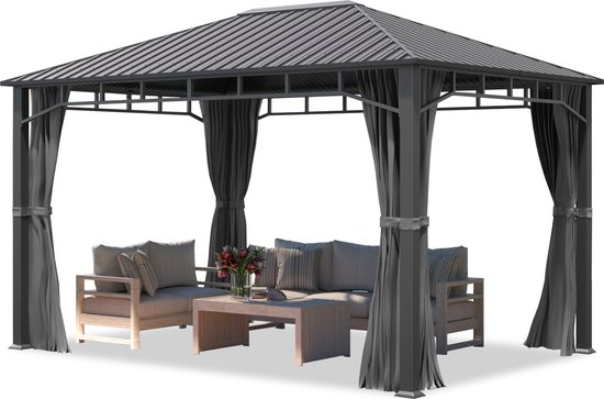 Pavillon de jardin 3x4m toit rigide en acier, 4 parois latérales grises, profil 9x9cm