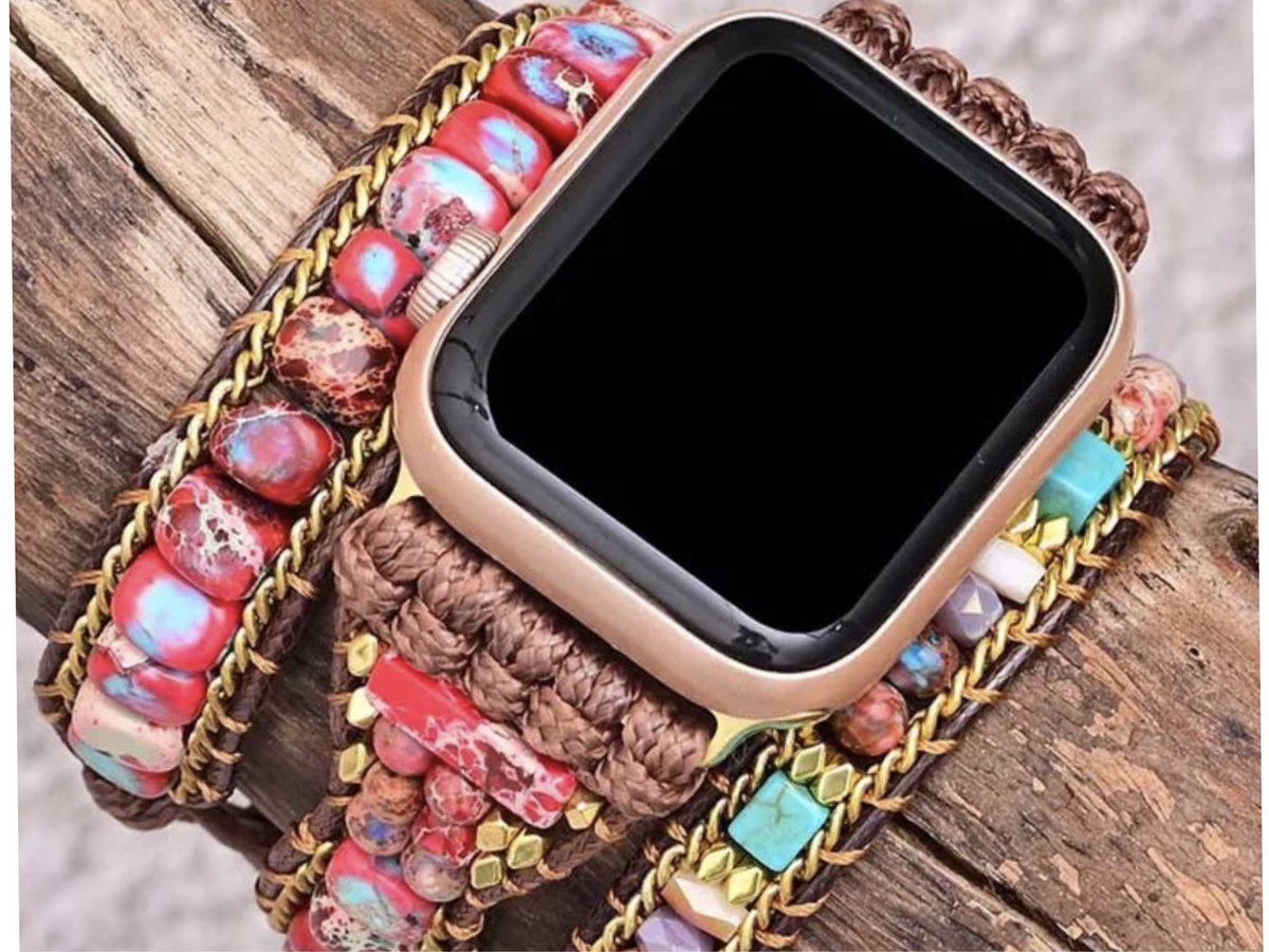 Apple Watch bohemian horloge bandje 38-40-41 mm roze-bruinNatuursteen Kralen Wikkelband Ibiza stijl