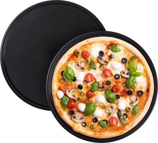 Plateau Brawl Wierook Relaxdays pizzaplaat - set van 2 - antiaanbaklaag - pizzavorm - rond -  carbonstaal - grijs | bol.com