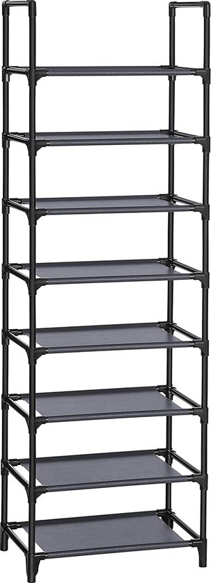 Schoenenrek met 8 planken, staande plank, multifunctioneel, schoenenrek, metalen frame, niet-geweven stof, voor 16-20 paar schoenen, gang, slaapkamer, keuken, 46 x 28 x 145 cm, grijs