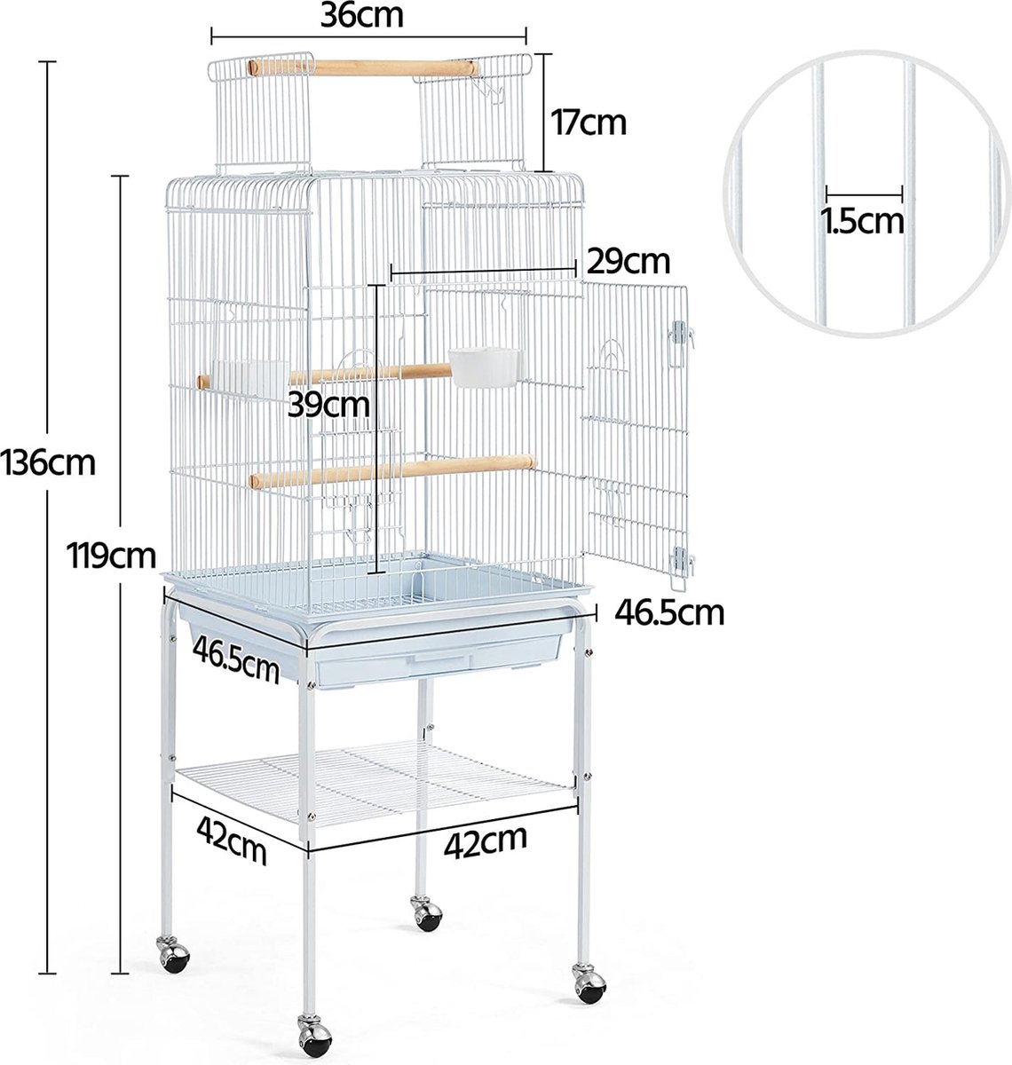 Vogelkooi, vogelhuis, vogelkooi, parkietkooi, 46,5 x 46,5 x 136 cm, kanaries, kooi, exotenkooi, papegaaienkooi, valkparkietkooi, wit HMTM-BC-10006-White thumbnail 4