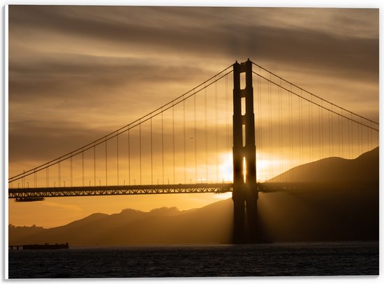 PVC Schuimplaat- Zonsondergang achter Hangbrug Golden Gate Bridge - 40x30 cm Foto op PVC Schuimplaat