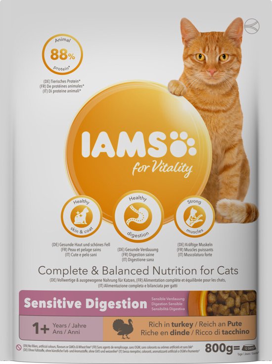 4x Iams Cat adult Sensitive Digestion Turkey 800 gr