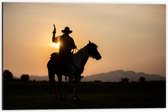 Dibond - Zonsondergang achter Cowboy op Bruin met Wit Paard met Geweer - 60x40 cm Foto op Aluminium (Wanddecoratie van metaal)