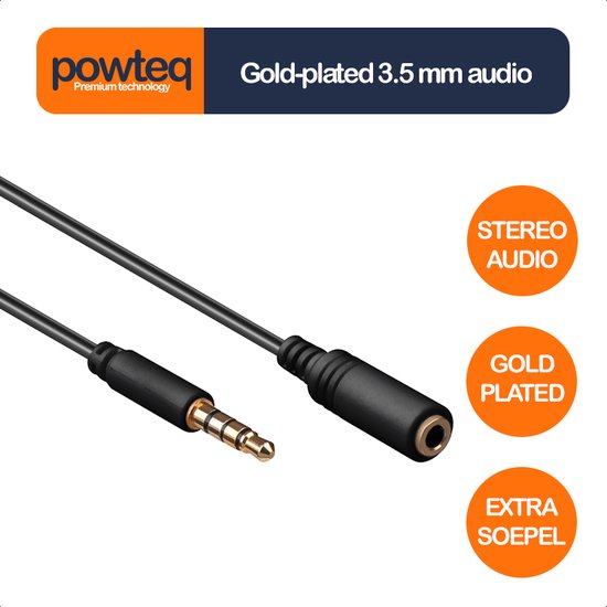 Gold-plated Powteq - Audio verlengkabel - 3.5mm jack - 5 meter - Stereo - Zwart