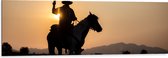 Dibond - Zonsondergang achter Cowboy op Bruin met Wit Paard met Geweer - 120x40 cm Foto op Aluminium (Wanddecoratie van metaal)