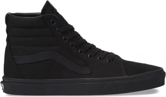 Zwarte Vans SK8-Hi sneaker, zijaanzicht van de binnenzijde, gemaakt van zwart canvas en suède.