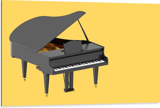 Dibond - Zwart met Witte Vleugel Piano tegen Gele Achtergrond - 105x70 cm Foto op Aluminium (Met Ophangsysteem)