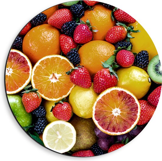 Dibond Muurcirkel - Zee van Verschillende Soorten Vers Fruit - 40x40 cm Foto op Aluminium Muurcirkel (met ophangsysteem)