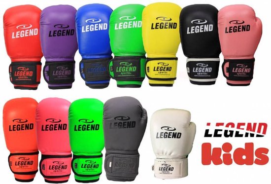 Een rij roze, rode, paarse, blauwe, groene, gele en zwarte bokshandschoenen met 'LEGEND' logo. Onder een rij van roze, groene, grijze en witte handschoenen met 'LEGEND kids' logo.