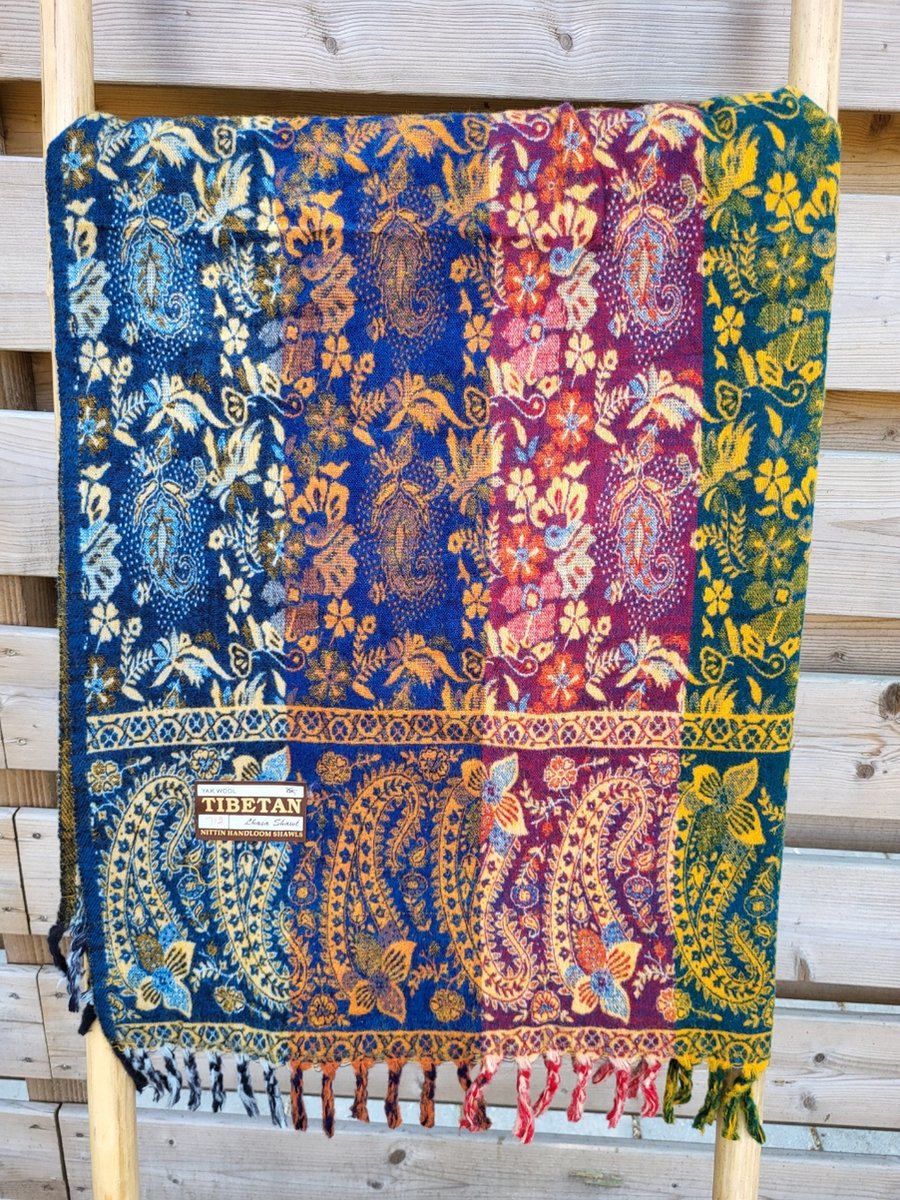 Nepal Omslagdoek Plaid Sjaal Yak Wol/Acryl (200 x 100 cm) Blauw/Oker/Rood
