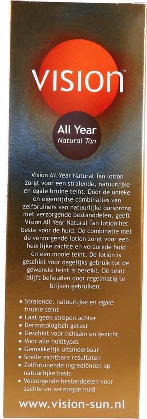 Achterkant van verpakking van Vision All Year Natural Tan zelfbruiner met tekst en website.