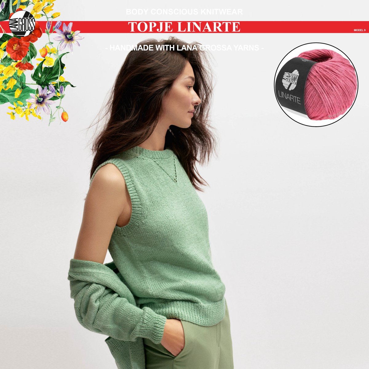 Breipakket top mt. 36/38met Linarte garen model 9 van Lana Grossa Classici 24-kleur azalea