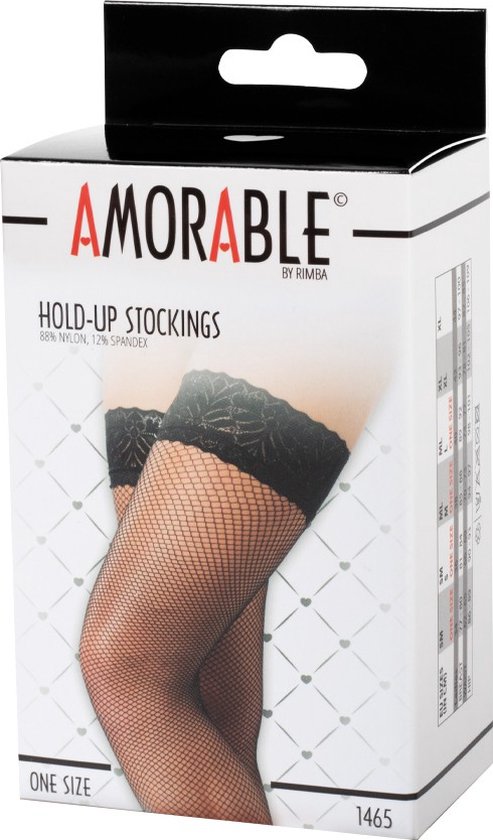 Amorable hold-up stockings verpakking met netkousen in visnetpatroon.