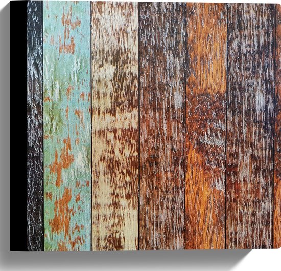 Canvas - Houten Planken op een Rijtje met Verschillende Kleuren - 30x30 cm Foto op Canvas Schilderij (Wanddecoratie op Canvas)