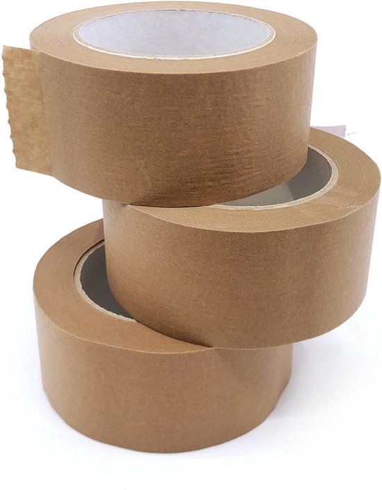 Trois rouleaux de ruban adhésif en papier kraft brun sur fond blanc.