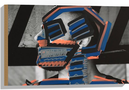 Hout - Mens Overgeschilderd in de Kleuren Blauw, Wit, Grijs en Oranje - 60x40 cm - 9 mm dik - Foto op Hout (Met Ophangsysteem)