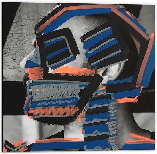 Dibond - Mens Overgeschilderd in de Kleuren Blauw, Wit, Grijs en Oranje - 50x50 cm Foto op Aluminium (Met Ophangsysteem)