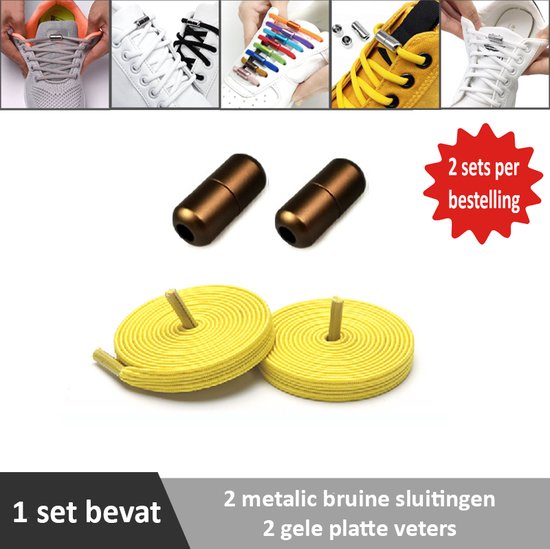 2 paar gele platte elastische veters met metalic bruine sluitingen. Je