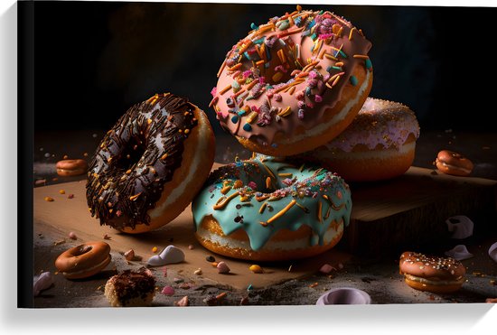 Canvas - Viertal Verschillende Smaken Donut op Houten Plateau - 60x40 cm Foto op Canvas Schilderij (Wanddecoratie op Canvas)