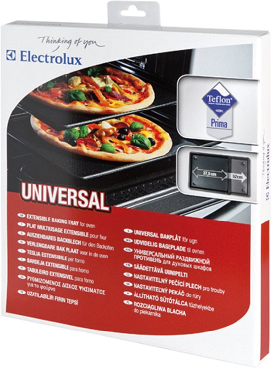 Electrolux "Universal" uitbreidbare bakplaat met twee pizza's, met informatie over Teflon.
