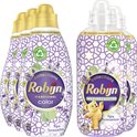 Vier flessen Robijn Color wasmiddel en twee flessen Robijn wasverzachter met paarse print, bloemen en een teddybeer.