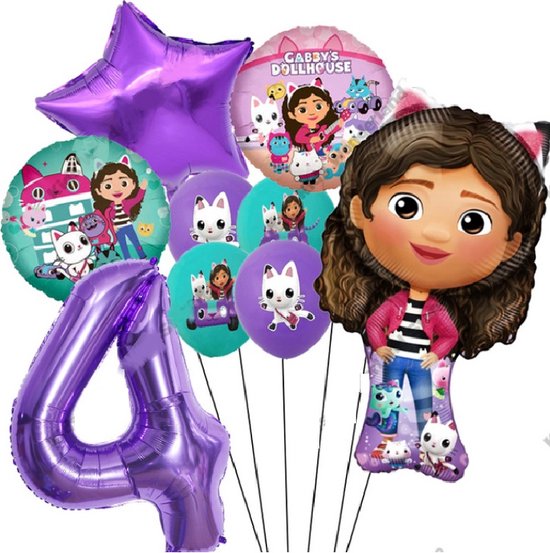 Gabby Poppenhuis Ballonen Set Verjaardag Versiering 4 jaar - 9 stuks Ballonnen Gaby Poppenhuis - Gabby Dollhouse Ballonnen Set - Gabby Dollhouse - Feestdecoratie - Folie Ballon - Kinderfeest - Helium Ballon - Dollhouse - Poppenhuis – Decoratie