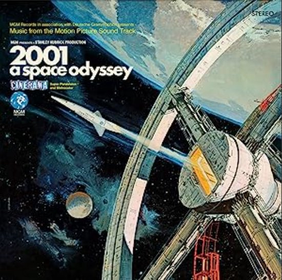 Albumhoes: "2001: A Space Odyssey" met een ruimteschip dat langs een ruimtestation vliegt. Tekst: MGM Records Presents 2001 a space odyssey.