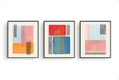 Postercity - Poster set 3 Abstract gekleurde kunst met lijnen blauw roze rood oranje - Abstracte Kunst - 50x40cm