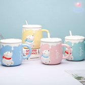 Tasse à Café et Thee avec couvercle et cuillère en céramique - Tasse à boire imprimée avec ours polaire 3D - Ours 3D Blauw