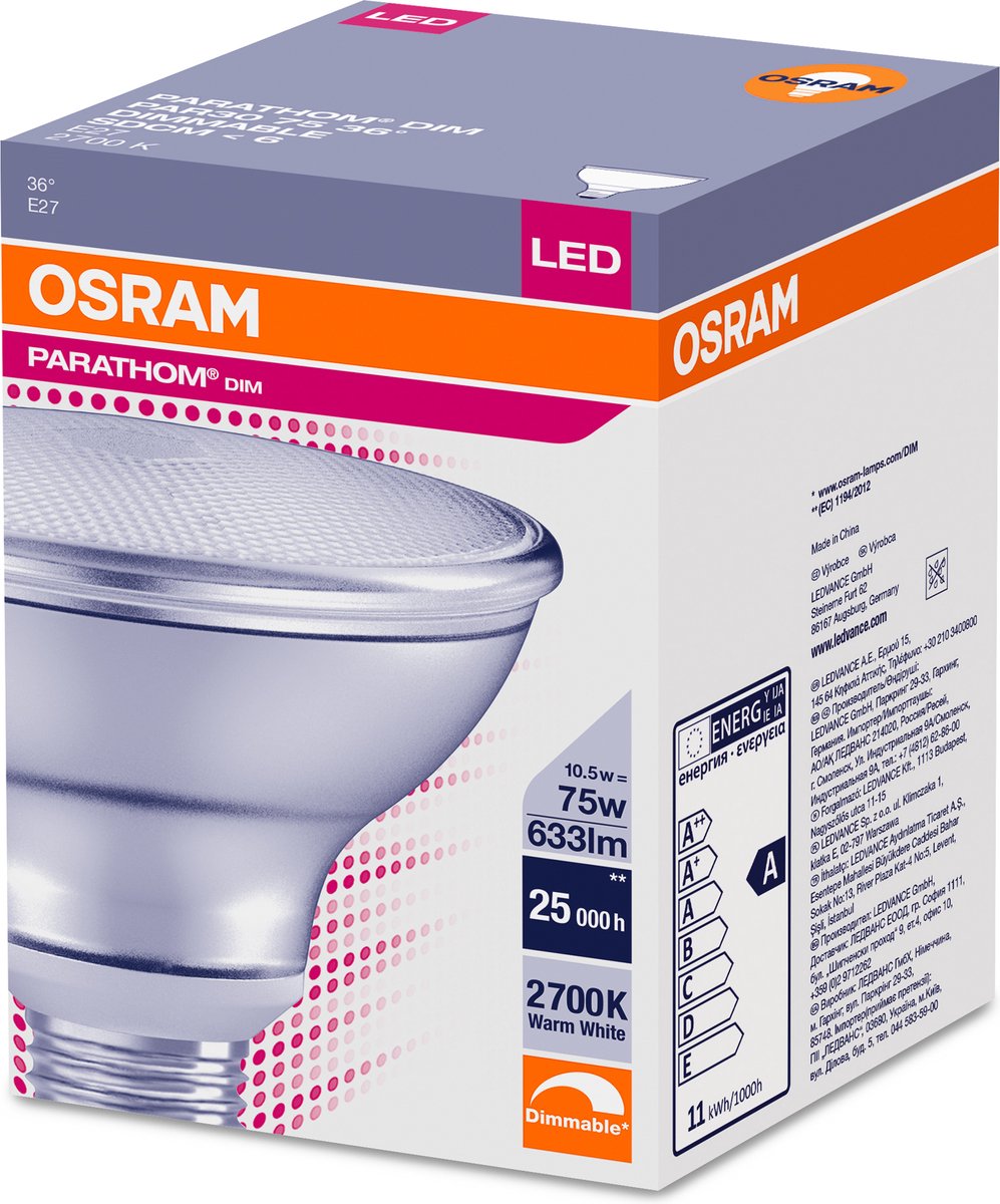 Osram Parathom E27 PAR30 10.5W 827 36D | Extra Warm Wit - Dimbaar - Vervangt 75W - Osram