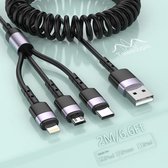 Staza - 3-in-1 Uitrekbare oplaadkabel geschikt voor iPhone - CarPlay - 2m - Lightning oplaadkabel - 3-in-1 Lightning + USB-C + Micro-USB