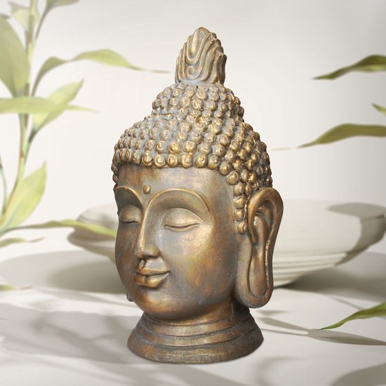 Statue tête de Bouddha 53cm en polyrésine aspect bronze pour le yoga