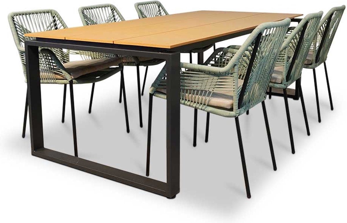 LUX outdoor living Helsinki Natural/Seville mint dining tuinset 7-delig | polywood + touw | 210cm | 6 personen