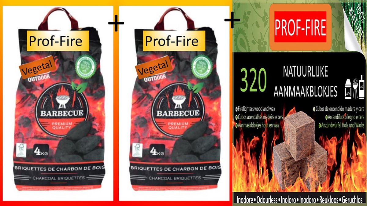 Prof-Fire - 2 Zakken Professionele BBQ Briketten (2 x 4Kg) + 320 Aanmaakblokjes - Fire-Up Kwaliteit