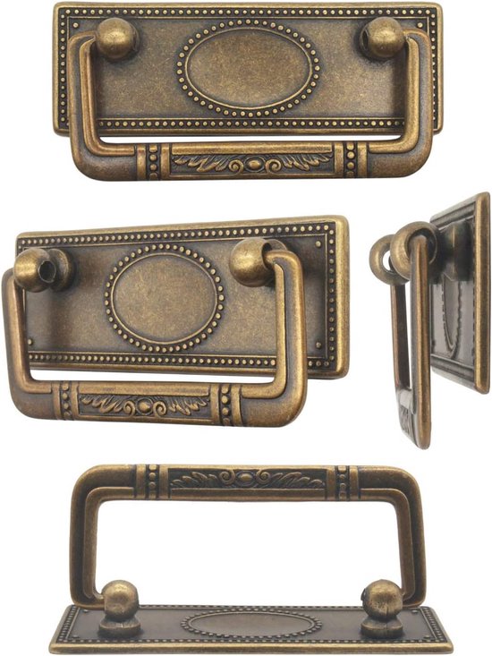 2 x antieke meubelgrepen inklapbaar, ladegrepen, kastgrepen, klapgrepen voor kisten, kasten, commodes, antiek brons messing design, 95 x 41 mm, set van 2