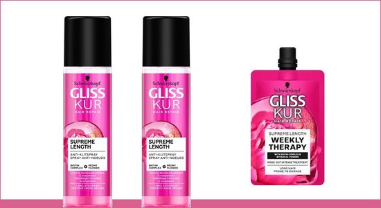 Gliss Kur Supreme Length Anti-Klit Spray - DUOPAK 2 x 200 ml & Haarmasker - Weekly Therapy