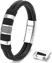 Malinsi Armband Heren - Zilver RVS en Zwart Leer - 20 cm + 2 cm verlengstuk - Armbandje Mannen - Vaderdag Cadeau