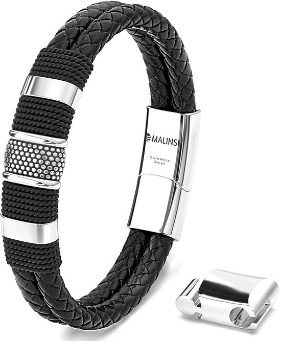 Malinsi Armband Heren - Zilver RVS en Zwart Leer - 20 cm + 2 cm verlengstuk - Armbandje Mannen cadeau geven