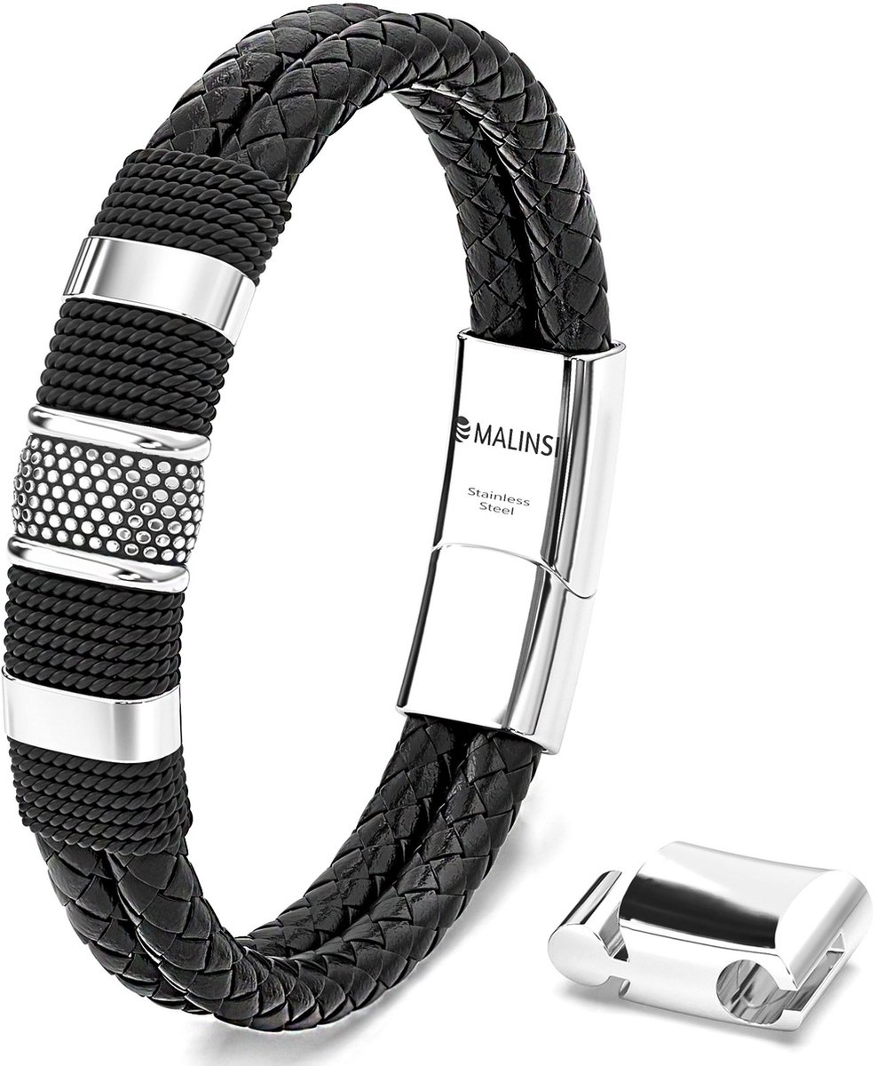 Malinsi Armband Heren - Zilver RVS en Zwart Leer - 20 cm + 2 cm verlengstuk - Armbandje Mannen - Malinsi