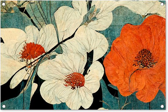 Tuinposters buiten Bloemen - Planten - Vintage - Azië - Oranje - 90x60 cm - Tuindoek - Buitenposter