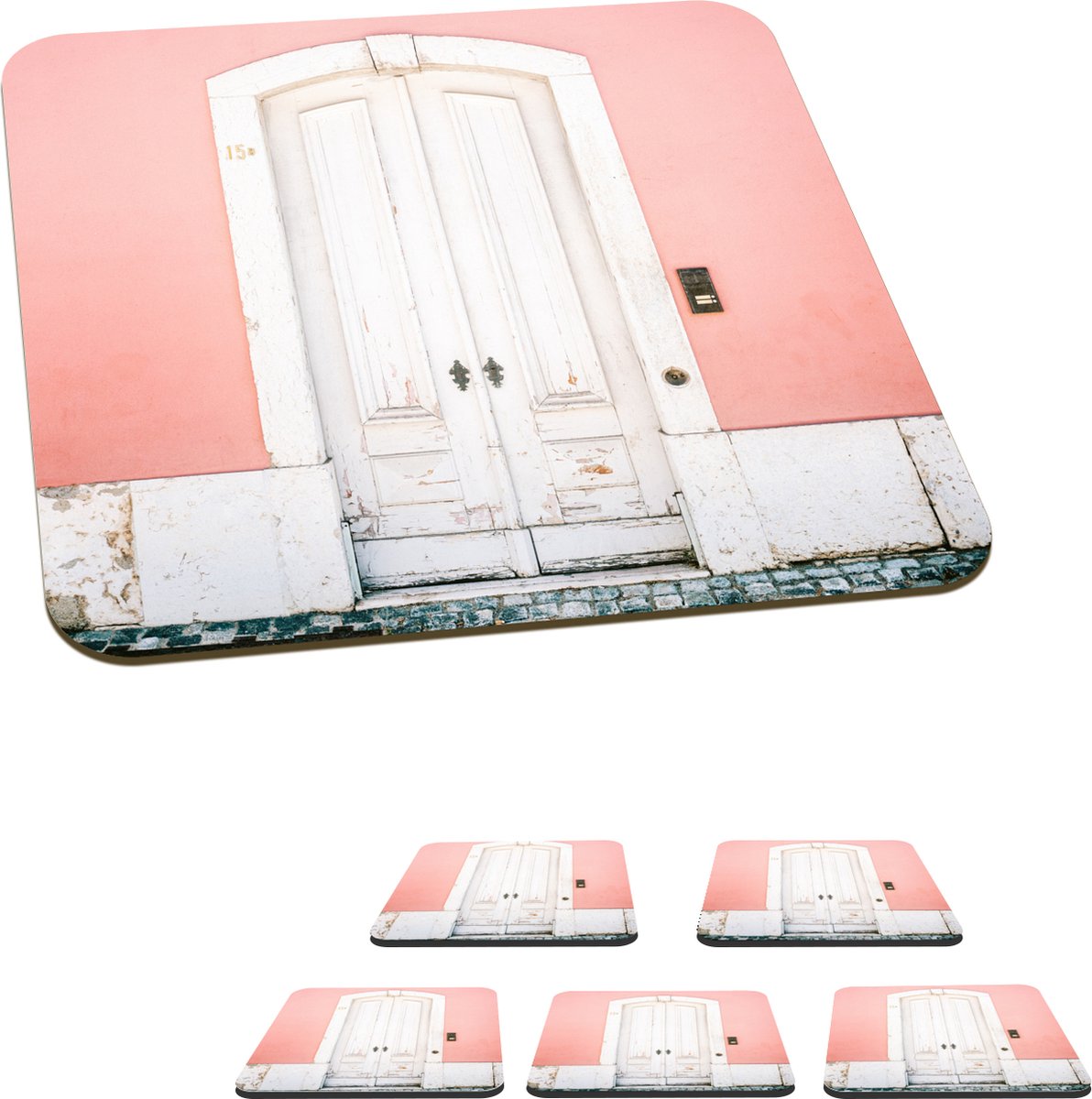 Onderzetters voor glazen - Hout - Deur - Roze - Wit - 10x10 cm - Glasonderzetters - 6 stuks