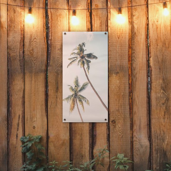 Tuinposter 40x80 cm - Tuindecoratie Palmbomen - Lucht - Natuur - Wolken - Poster voor in de tuin - Buiten decoratie - Schutting tuinschilderij - Tuindoek muurdecoratie - Wanddecoratie balkondoek