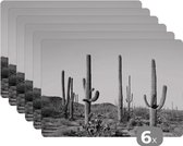 Placemat - Placemats kunststof - 45x30 cm - Cactussen - Zwart wit - Natuur - Landschap - 6 stuks - Borden onderleggers antislip - Tafel decoratie - Luxe tafelversiering - Tafelmat vinyl - Bord onderlegger - Tafeldecoratie accessoires