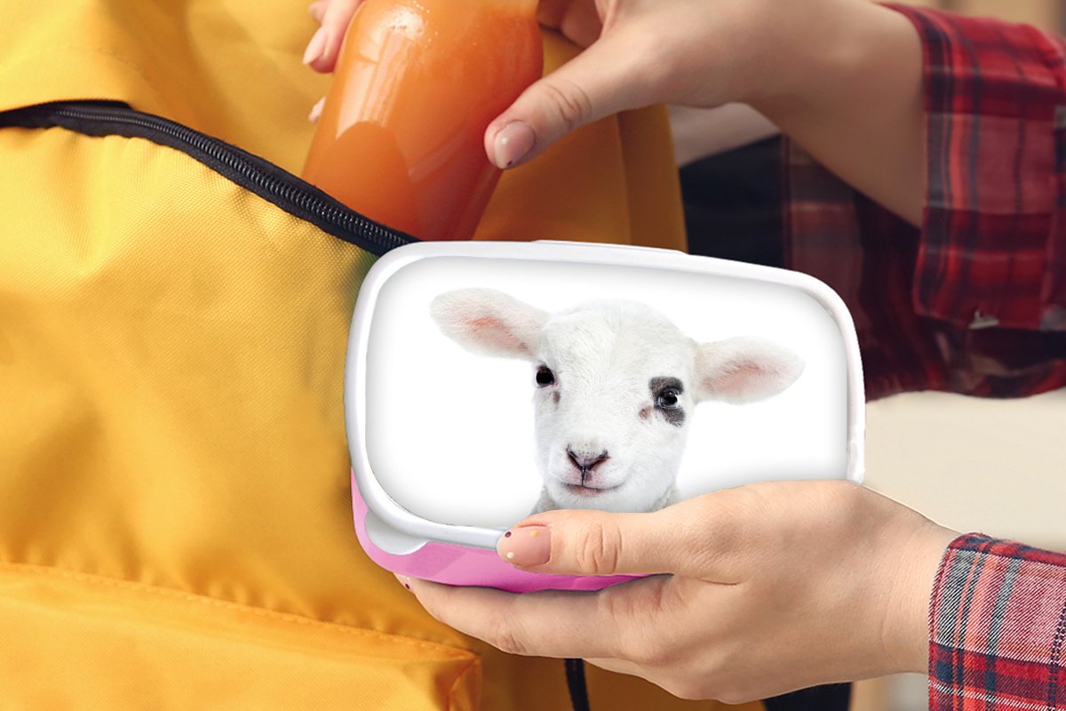 Broodtrommel Roze - Lunchbox - Brooddoos - Lam - Wit - Dieren - Natuur - 18x12x6 cm - Kinderen - Meisje