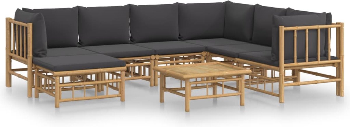 vidaXL 8-delige - Loungeset - met - kussens - bamboe - donkergrijs